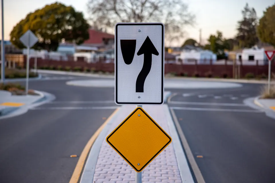 A road sign pointing the way at a fork in the road